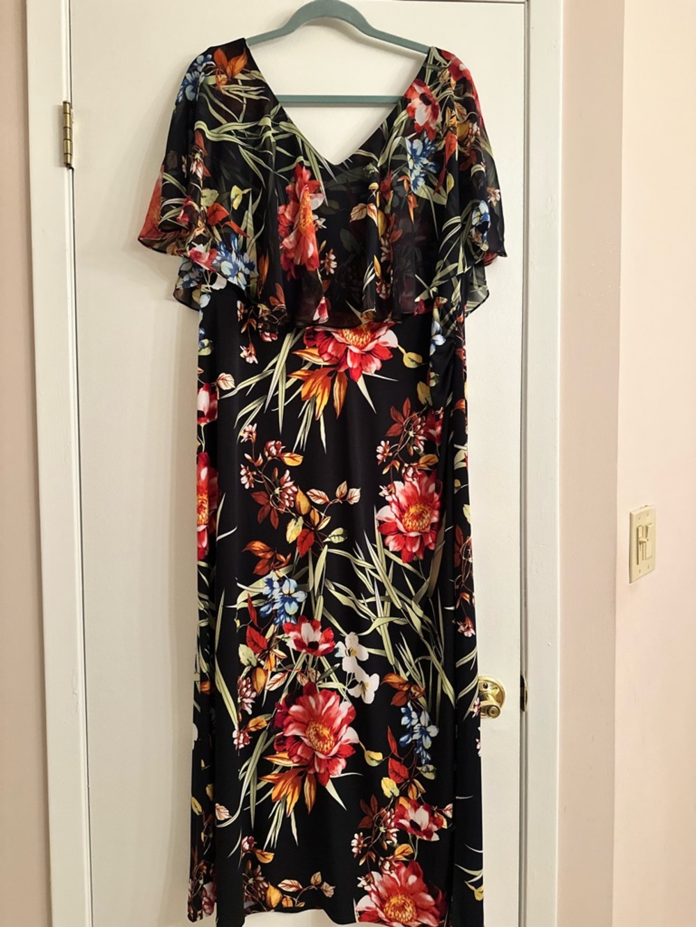 Black Floral Maxi Dress with Ruffle Overlay